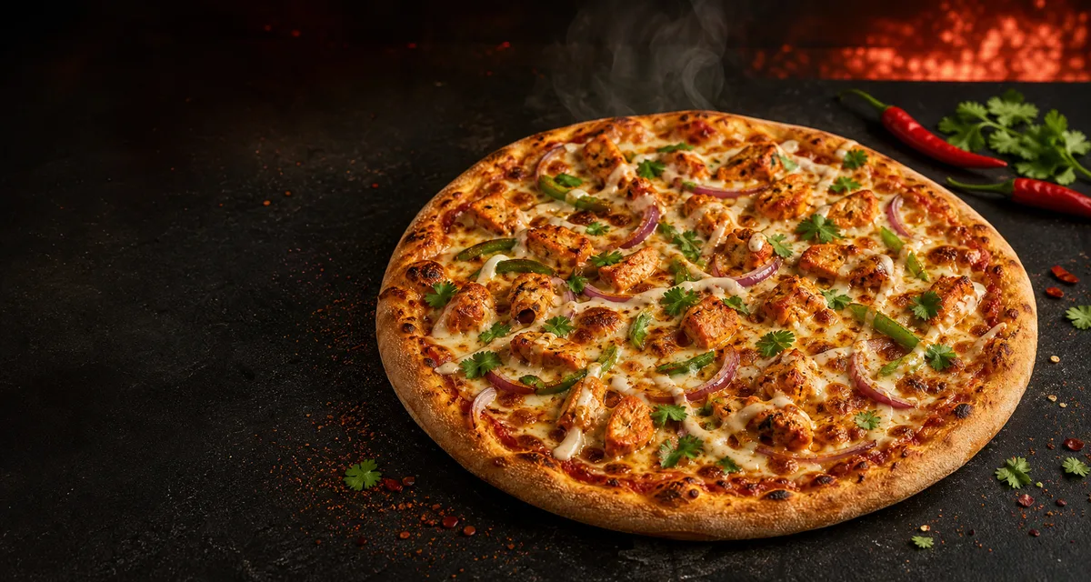 Indian-inspired pizza with colorful toppings